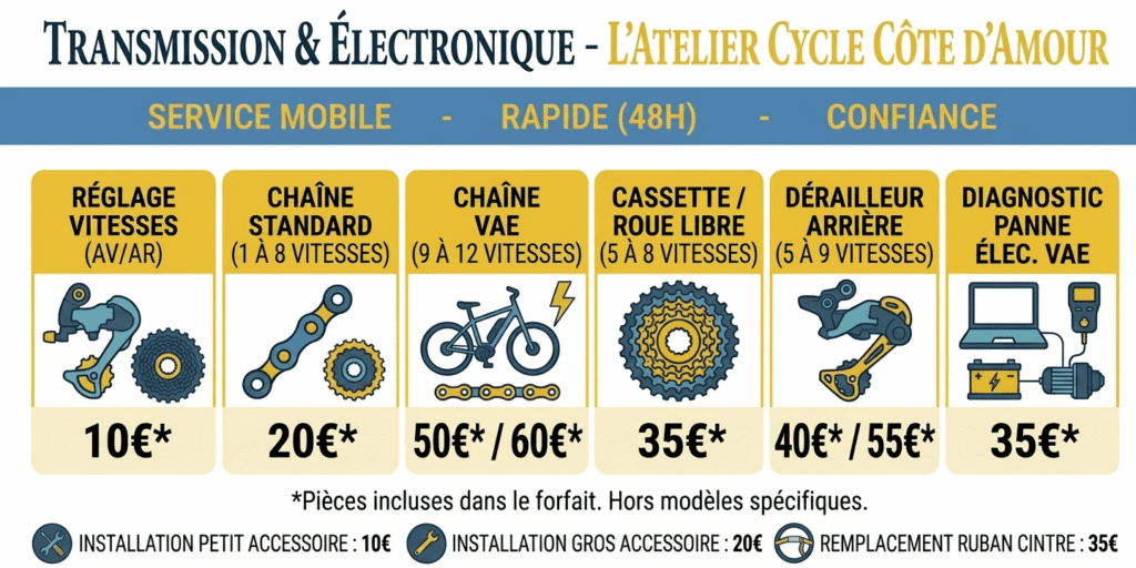 Mécanicien de l'Atelier Côte d'Amour réparant un vélo électrique à domicile à La Baule Guérande Pornichet.